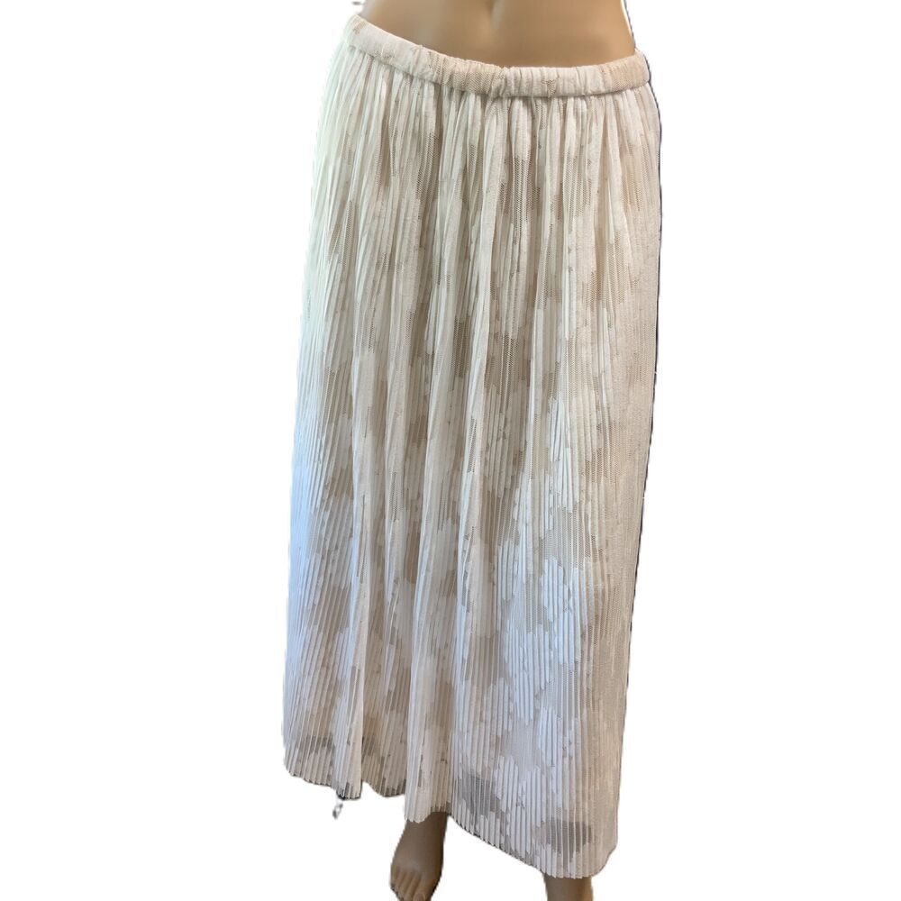 Anne Klein Bright White Tan‎ Floral Pleated Skirt Size Large Fairycore Aesthetic